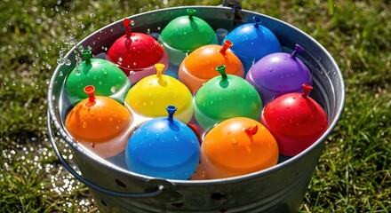 Colorful Water Balloons Ready for Summer Fun in a Bucket on a Grass Field