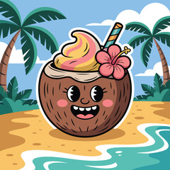 Funny cartoon coconut cocktail illustration with palm tree on a tropical beach island