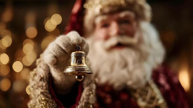 Close-up of Santa Claus in a red suit holding a small golden bell.