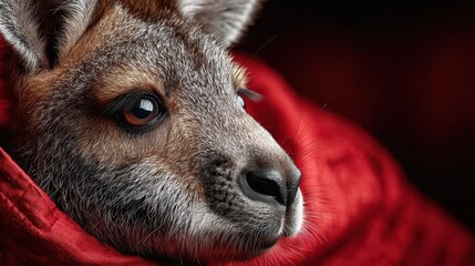 Close-up Portrait of a Young Kangaroo with Red Background