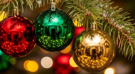 Three glossy Christmas ornaments red green gold hang from a snowdusted pine branch reflecting room details