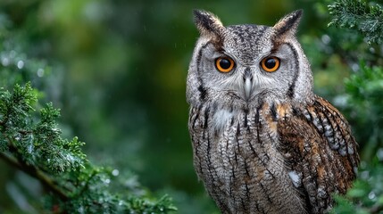 Fototapeta premium Eurasian Eagle Owl Portrait in Natural Habitat with Green Foliage Background