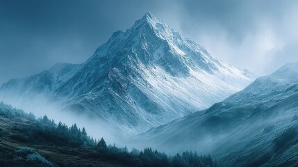 Majestic Snowy Mountain Peak with Foggy Valley and Evergreen Trees