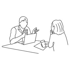 Outline Illustration of Business Meeting with Coffee