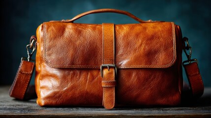 Elegant Brown Leather Messenger Bag with Strap and Buckle on Wooden Surface