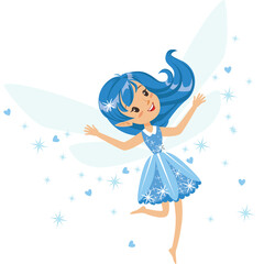 A Whimsical Blue Haired Fairy Character Dancing With Sparkling Blue Hearts And Stars Against A Transparent Background With Light Blue Wings Spread Open In A Playful Pose