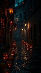 Creepy alleyway decorated with pumpkins and hanging lights, cinematic Halloween vibe with wet pavement reflections and moody lighting.