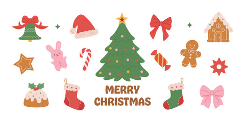 Hand-drawn Christmas decorations set: a Santa hat,Christmas tree, toys, bows, stars, candies, a bell, gingerbread, stockings,and pudding.Vector art for greeting cards, holiday invitations,scrapbooking