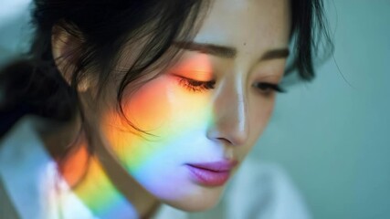 Close-up of a woman's face with rainbow light across her cheek and lips, eyes closed, soft makeup. - Powered by Adobe