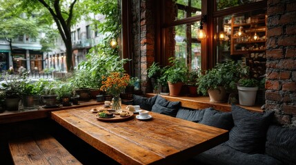 Obraz premium Cozy Cafe Interior with Wooden Table, Plants, and City View Through Window