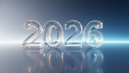 Futuristic 2026 Digital Technology Concept with Glowing Transparent Numbers on Blue Background