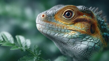 Obraz premium Detailed Close-up of a Colorful Iguana Head in Lush Greenery