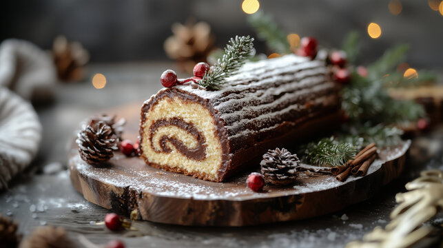 Festive Yule Log Cake Decorated With Powdered Sugar and Christmas Decor