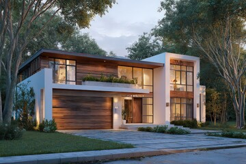 Fototapeta premium Modern Two-Story House Exterior with Wood Accents and Surrounding Trees Daytime