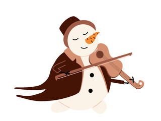 A charming snowman dressed in a classic brown tailcoat and top hat is happily playing the violin. Illustration of a children's winter character isolated
