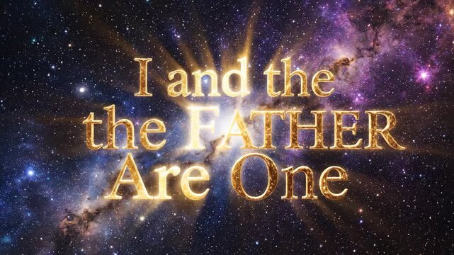 I and the Father Are One with Starry Background - A spiritual message "I and the Father Are One" in golden text is displayed against a beautiful starry dark blue mystical background, evoking a sense