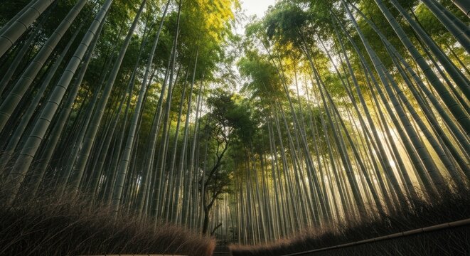 Perspective shot looking up through a towering bamboo forest at sunrise - Powered by Adobe
