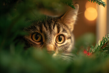 A curious tabby cat peers through the green branches of a Christmas tree with bokeh lights.