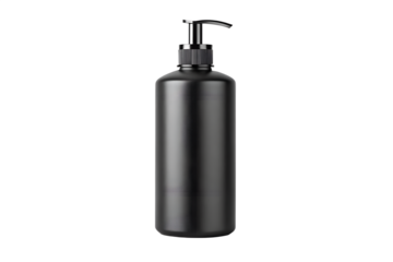Black matte pump dispenser bottle mockup for soap, lotion, shampoo, or cosmetic products. Realistic packaging template for branding, label design, or skincare presentation. Isolated on transparent bac