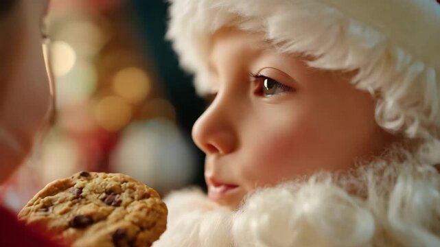 A child dressed as Santa is about to bite a chocolate chip cookie being offered to them.