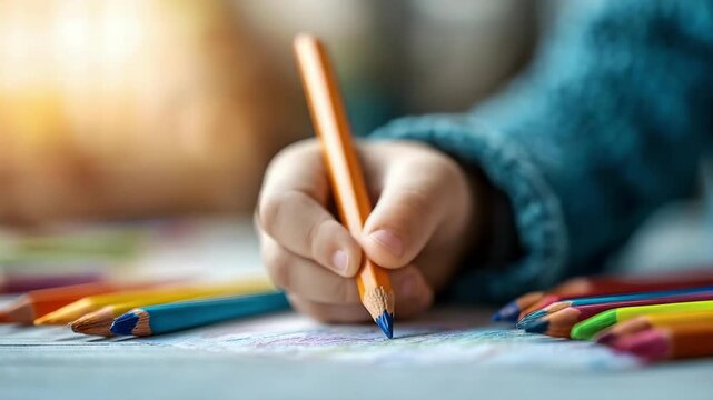 A child's hand holding an orange pencil and drawing on paper, with colorful pencils scattered around.