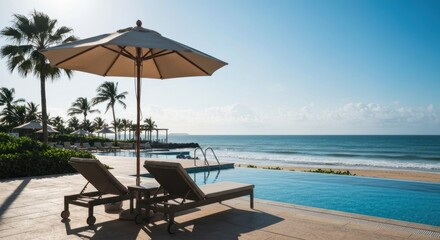 Sun-drenched scene of an infinity pool by the beach, with palm trees and ocean
