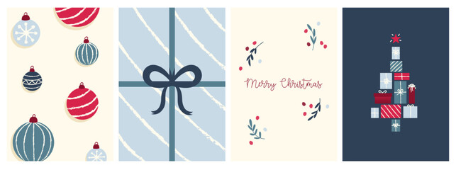 Set of Four Christmas Greeting Cards With colorful Illustrations. With Christmas Gifts, Trees and Decorations.