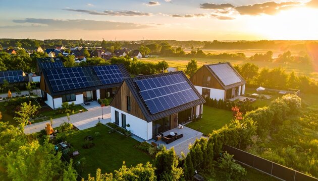 Aerial view showcases modern houses with solar panels and green roofs in a suburban setting