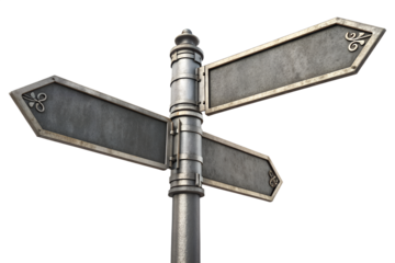 Blank metal street sign with two arrows pointing in opposite directions. Empty directional road sign template for navigation, choice, or decision concepts. Realistic metallic signpost mockup isolated 