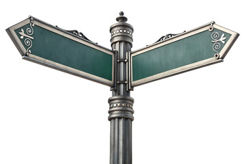 Blank metal street sign with two arrows pointing in opposite directions. Empty directional road sign template for navigation, choice, or decision concepts. Realistic metallic signpost mockup isolated 