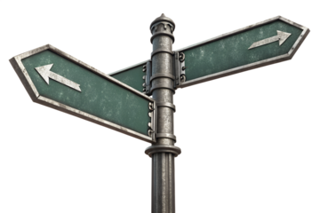 Blank metal street sign with two arrows pointing in opposite directions. Empty directional road sign template for navigation, choice, or decision concepts. Realistic metallic signpost mockup isolated 