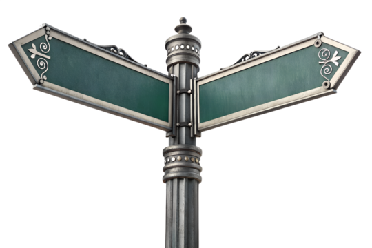 Blank metal street sign with two arrows pointing in opposite directions. Empty directional road sign template for navigation, choice, or decision concepts. Realistic metallic signpost mockup isolated 
