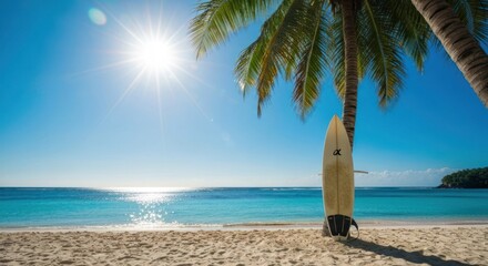Sunny beach scene with surfboard leaned against a palm tree. Ocean meets bright sky