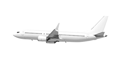 White airplane Boeing 737 Max 737-8 side view angle isolated on a transparent background. Modern passenger jet airplane.