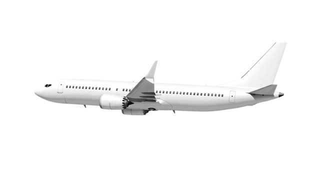 White airplane Boeing 737 Max 737-8 side view angle isolated on a transparent background. Modern passenger jet airplane.