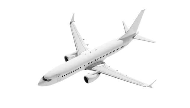 White airplane Boeing 737 Max 737-8 top view high angle isolated on a transparent background. Modern passenger jet airplane.