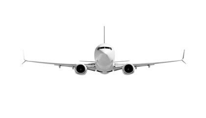 White airplane Boeing 737 Max 737-8 front view angle isolated on a transparent background. Modern passenger jet airplane.