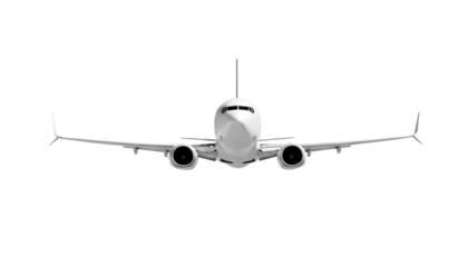 White airplane Boeing 737 Max 737-8 front view angle isolated on a transparent background. Modern passenger jet airplane.