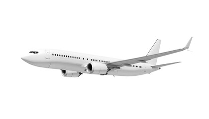 White airplane Boeing 737 Max 737-8 side view low angle isolated on a transparent background. Modern passenger jet airplane.