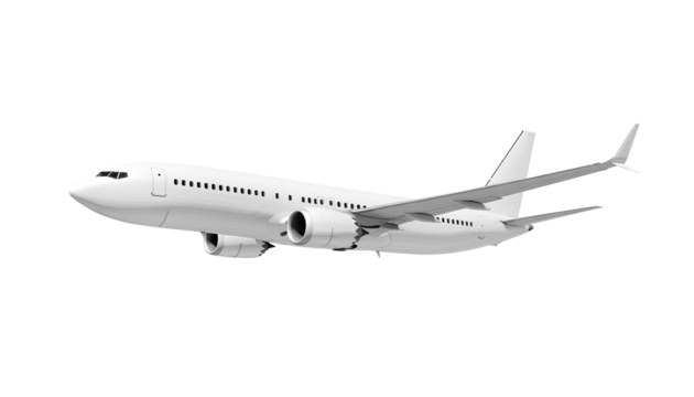 White airplane Boeing 737 Max 737-8 side view low angle isolated on a transparent background. Modern passenger jet airplane.