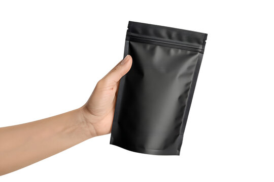 Hand holding a blank black pouch. Realistic food packaging mockup for coffee, tea, snacks, or supplements. Minimal matte black design for branding, label presentation, or product advertising. Isolated