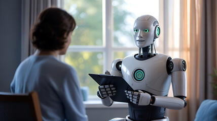 Robot interviewer conducts an interview with a woman using a tablet in a modern living room setting