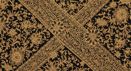 Intricate Gold Floral Batik Pattern on Black Background for Decorative Textiles