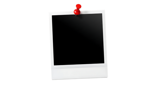 A blank vintage instant photo frame with a red thumbtack attached isolated on white background