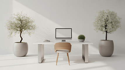 Minimalist home office setup with a computer desk and potted plants creating a calm and productive workspace ideal for remote work and interior design