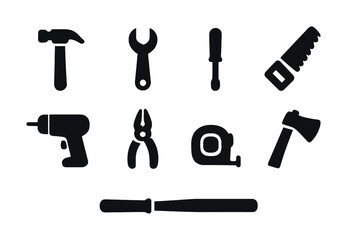 Vector Silhouettes of tools: hammer, wrench, screwdriver, saw, drill, pliers, tape, axe, bat