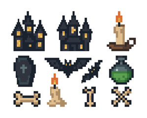Vector Pixel art halloween icons: haunted castle, bat, coffin, potion, candle, bones
