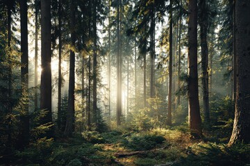 Obraz premium Sunlight Streaming Through Dense Forest with Tall Trees and Lush Green Undergrowth in a Serene and Misty Woodland Landscape