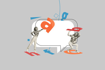 Poster sketch image artwork photo collage of two young lady stand smile hand hold letters chatterbox chatbox speech bubble cloud message