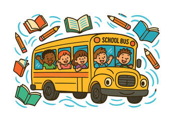 Vector Children enjoying a ride on a school bus surrounded by books and pencils